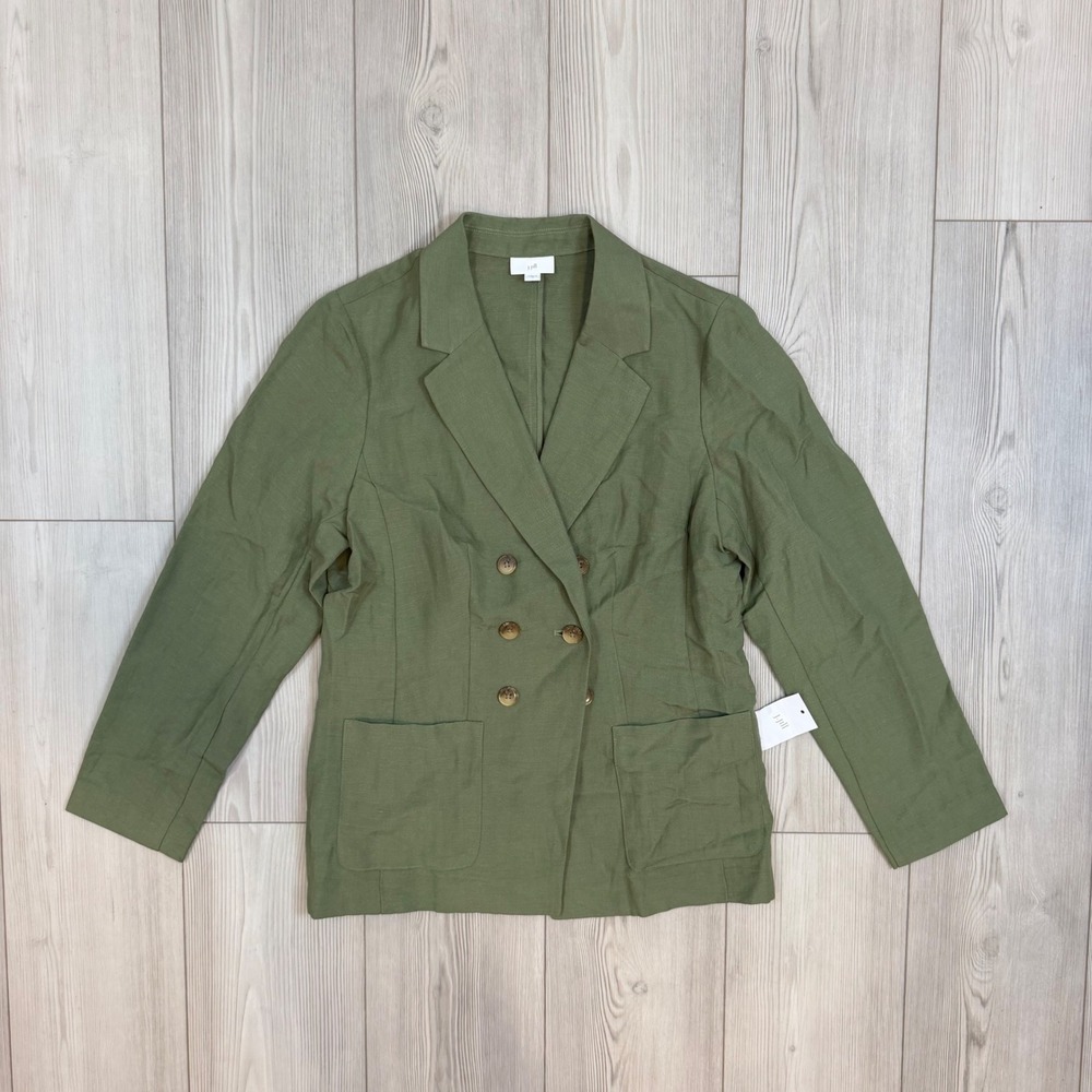 J. Jill Olive Green Linen Blend Double Breasted Blazer Jacket Size M NEW